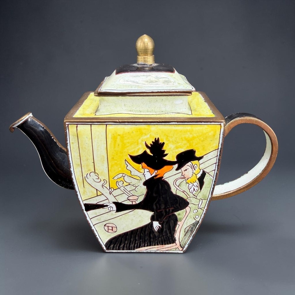 Kelvin Chen No 1064 Miniature Enameled Teapot Toulouse-Lautrec Art Yellow 3x4